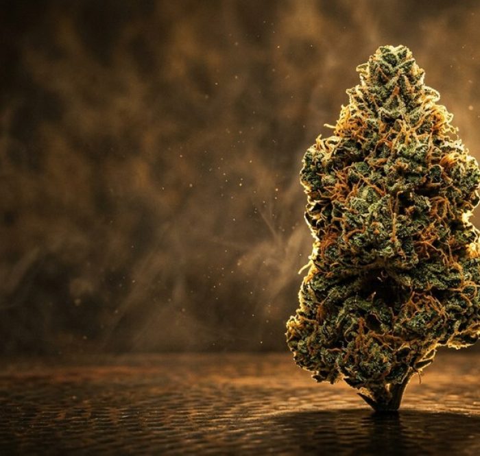 Infiorescenza AK-47 resinosa con pistilli ambrati, luce dorata e atmosfera cinematografica — la varietà Serious Seeds in versione CBD