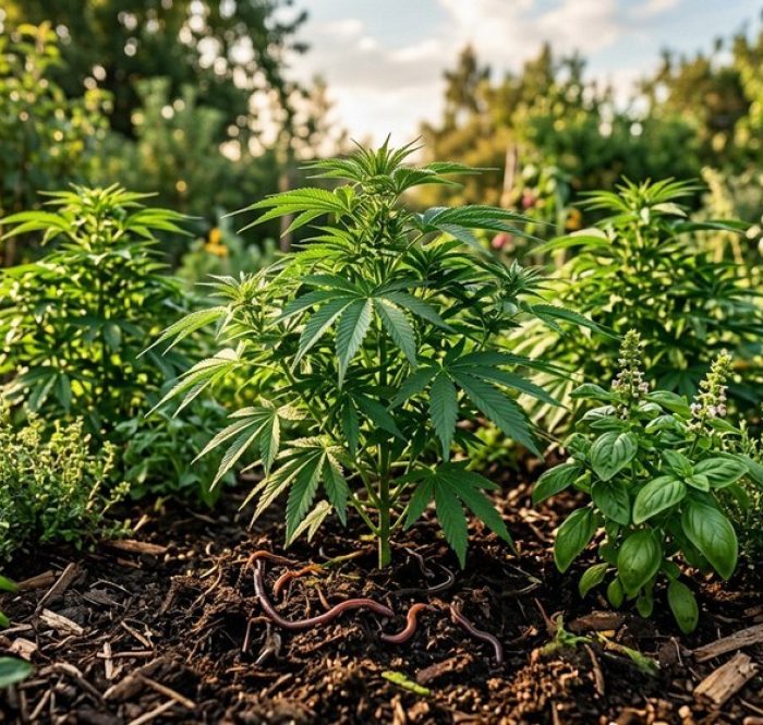 Pianta di cannabis coltivata in modo biologico in terreno organico con piante consociate e lombrichi — guida alla coltivazione bio