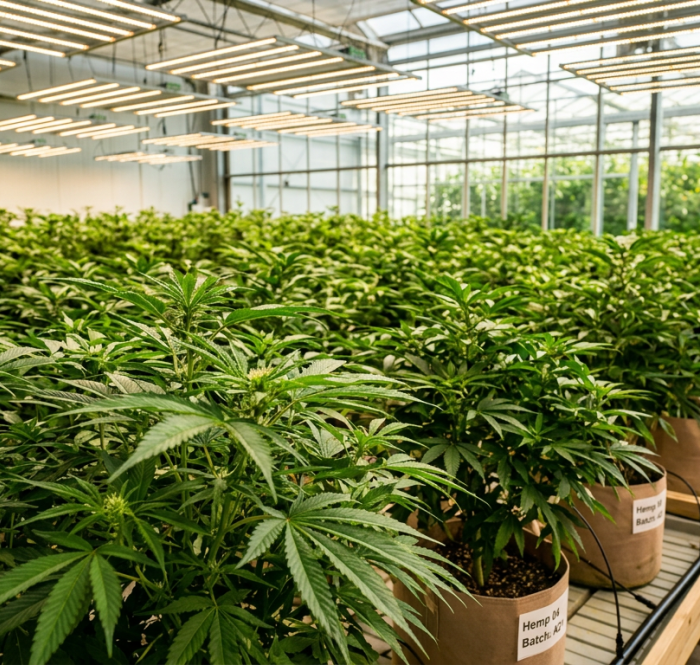 Coltivazione di cannabis light in serra professionale con luci LED e piante di canapa in vaso — guida completa alla coltivazione