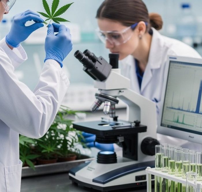 Ricercatori in laboratorio che analizzano campioni di cannabis: lo studio scientifico dei cannabinoidi