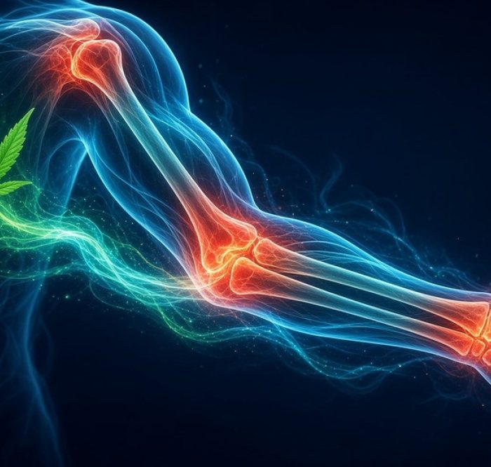 Illustrazione concettuale: una foglia di canapa passa su un braccio in vista anatomica laddove l'infiammazione si attenua