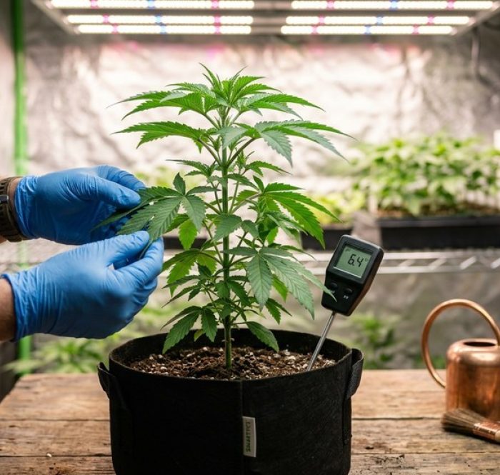 Coltivatore controlla una pianta di cannabis con pH-metro nel vaso in una grow box — evitare gli errori di coltivazione