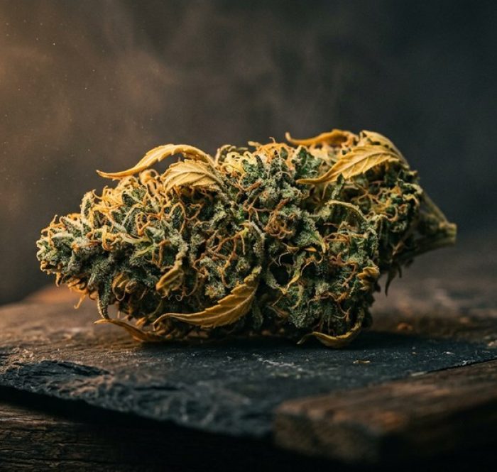 Infiorescenza Super Skunk resinosa con foglie giallo-oro, luce ambra e atmosfera vintage — la leggenda Skunk in versione CBD